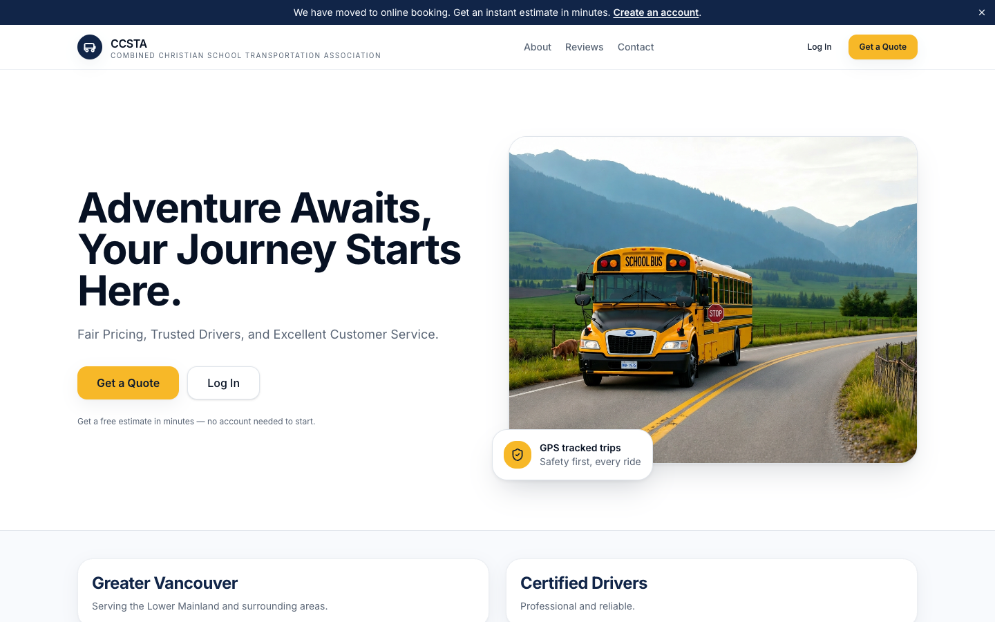 CCSTA Booking & Dispatch: Public landing page on ccsta.net: get a free estimate before creating an account.