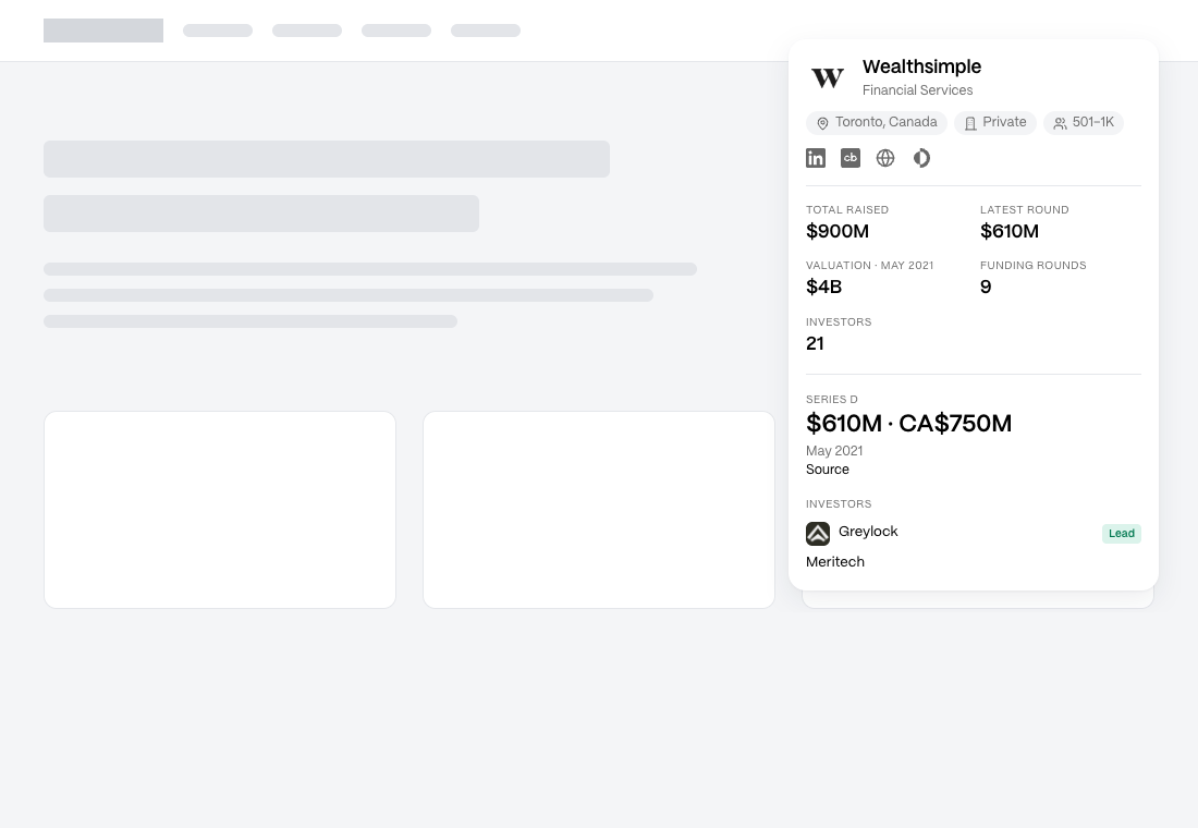 Fundable Chrome Extension: The overlay card mounted top-right of a page by the real inject.js. Rendered from the repo's test fixture, not a live lookup.