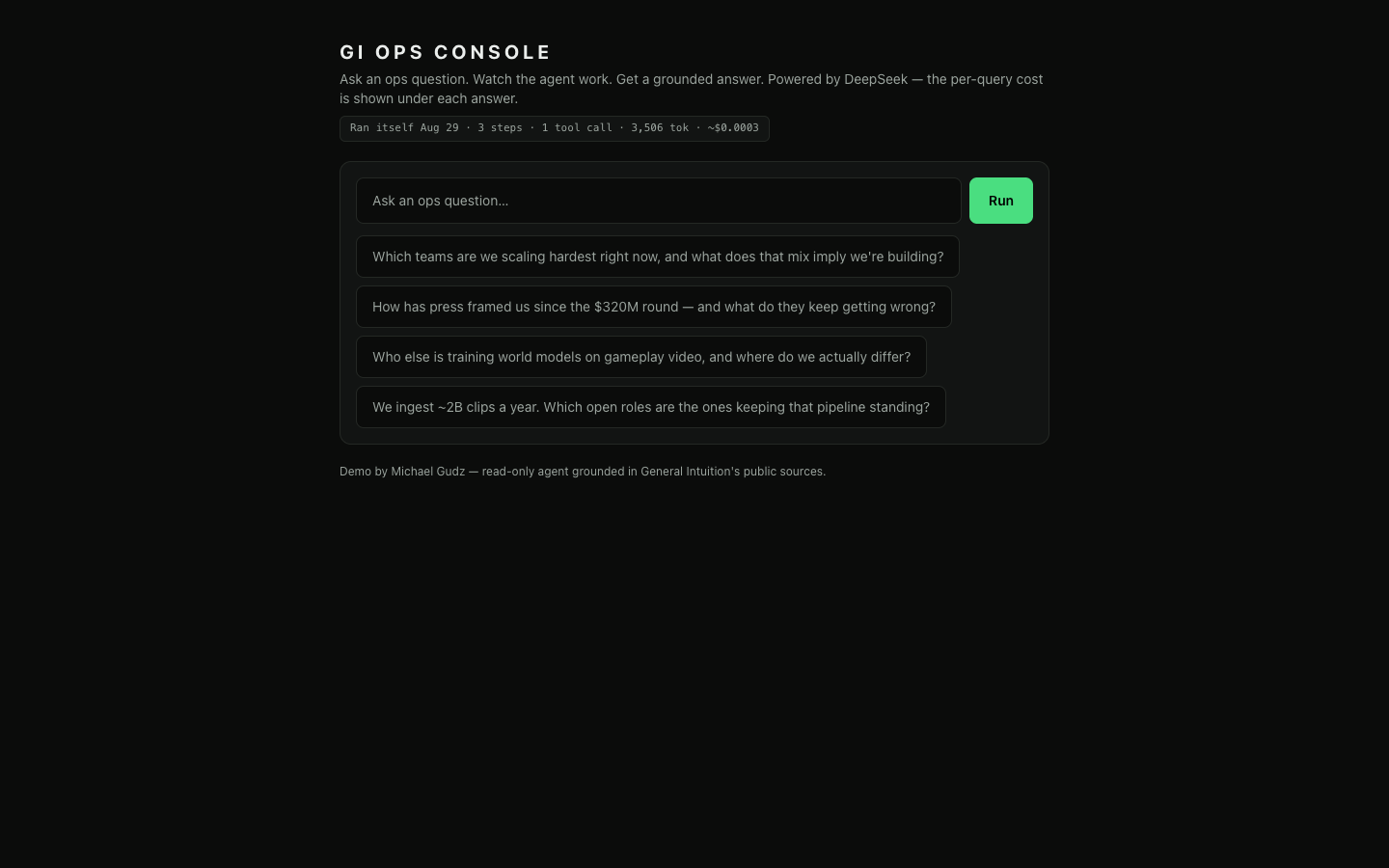 GI Ops Console: Landing state: the freshness chip from the nightly self-run, the input, and sample prompts written to force board, fact-sheet, and web reasoning in one query.